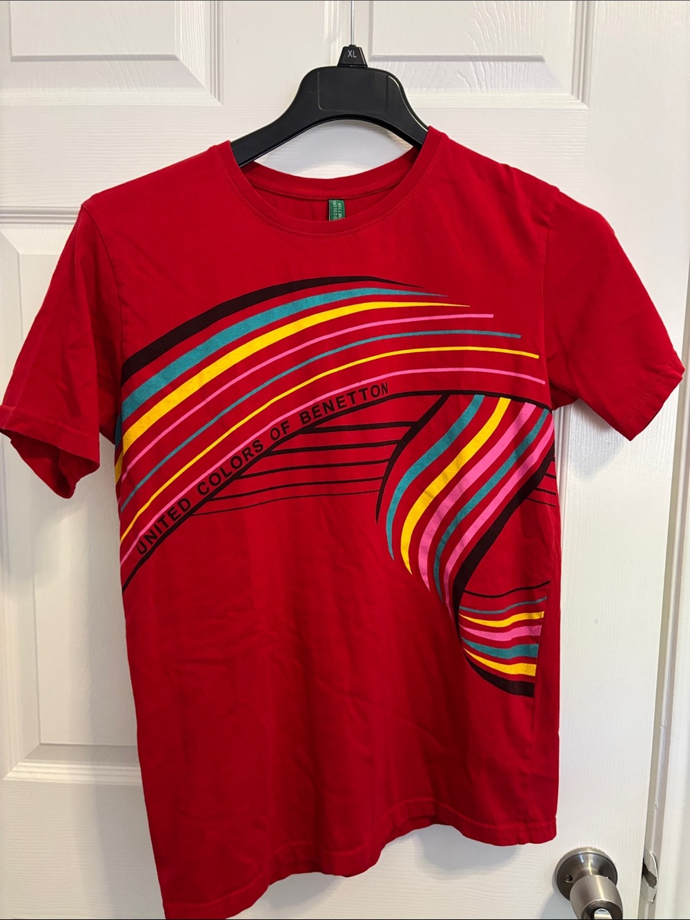 United Colors Of Benetton Red Short Sleeve Tee with Multicolor Stripes